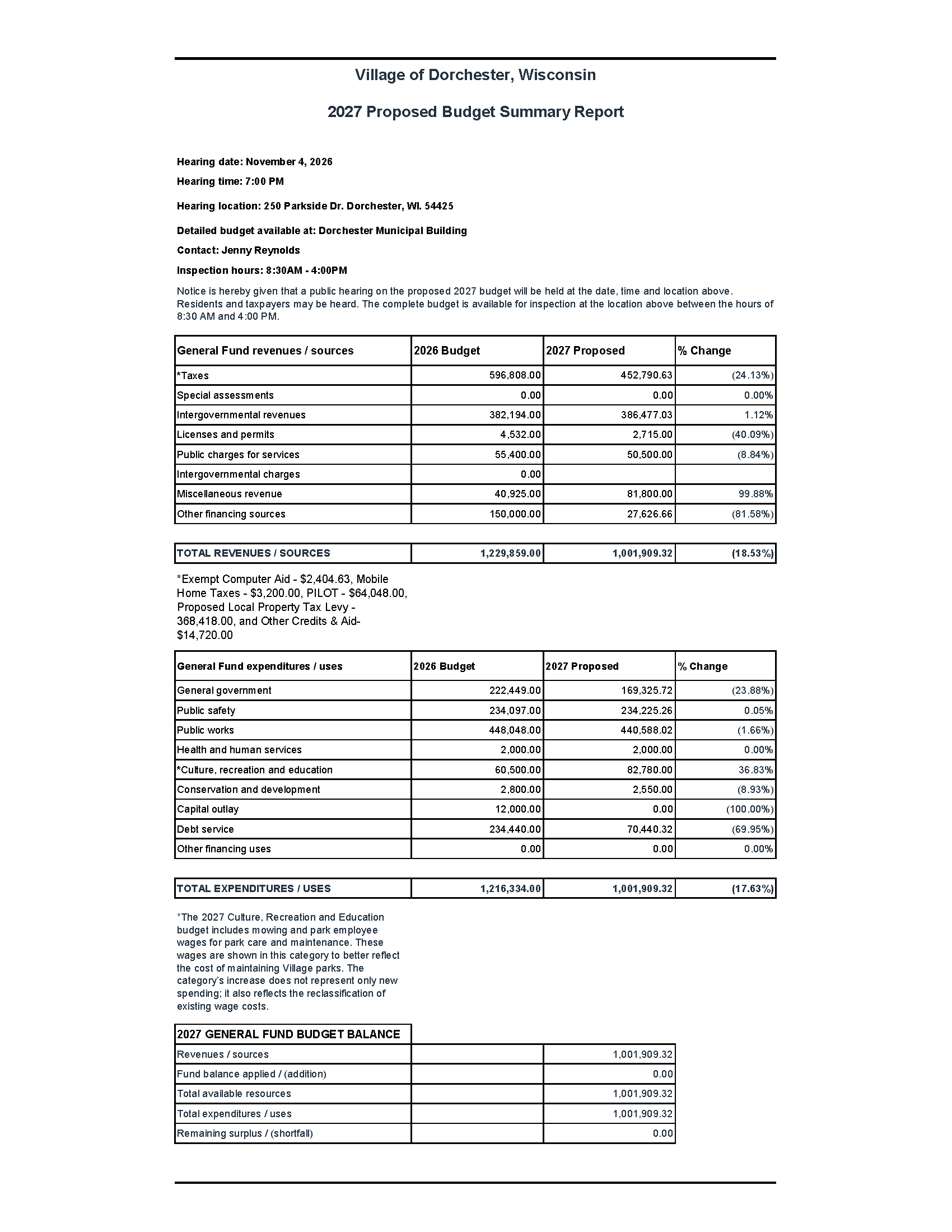 2027 Proposed Budget Public Hearing Notice